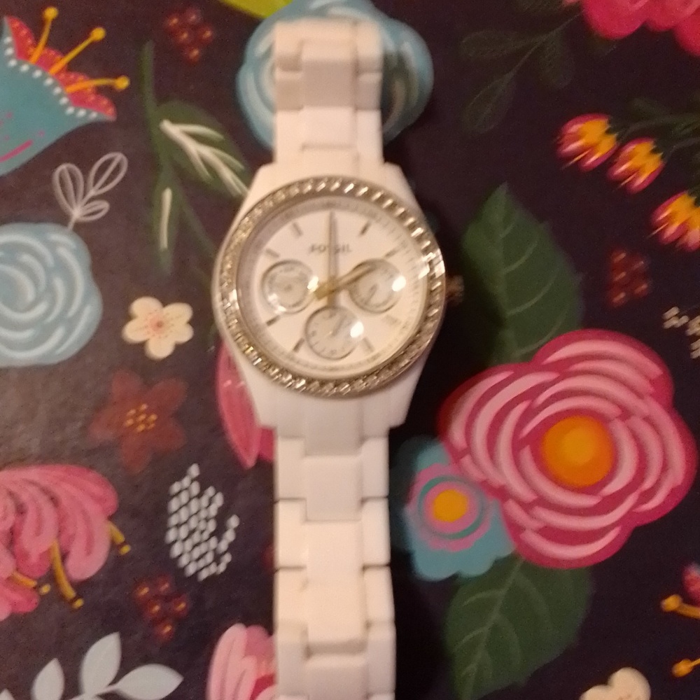 A stainless steel case back 5 ATM ce ES-1967* 741009 white diamond face fossil